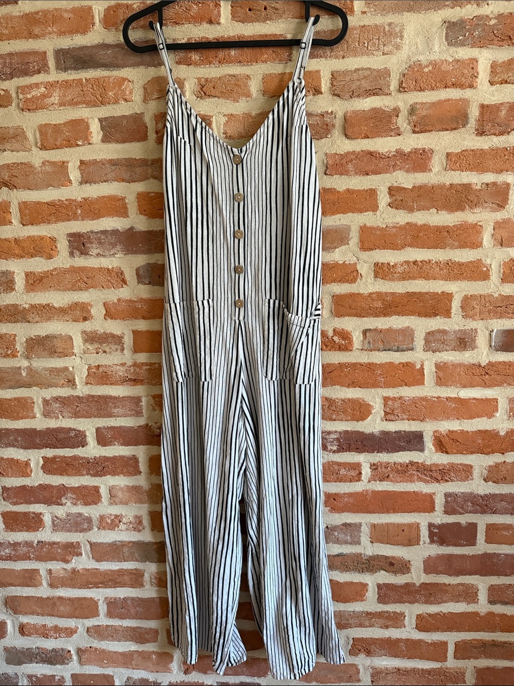 Billabong Black & White Striped Button-Front Linen-Blend Jumpsuit